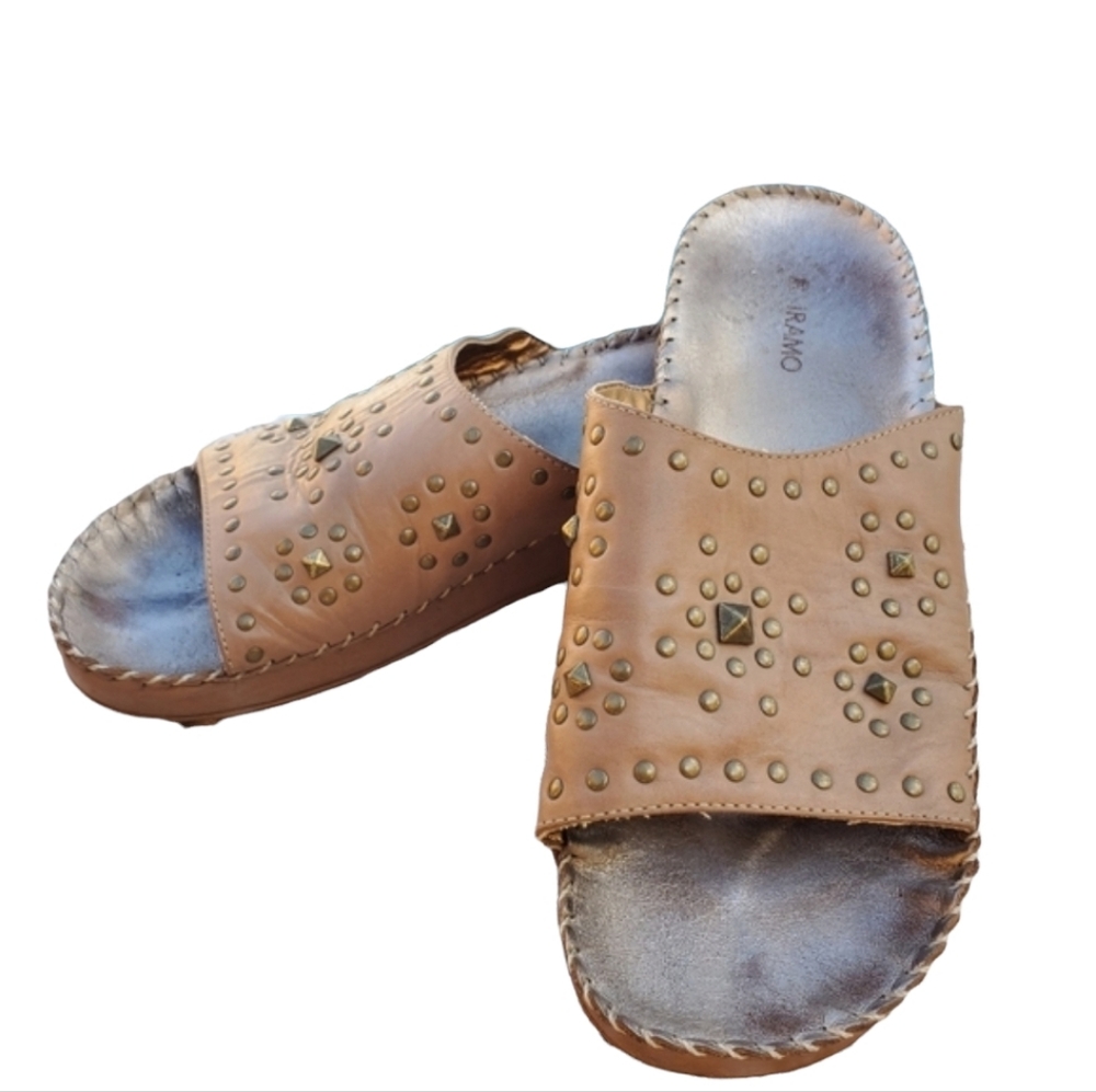 IRAMO SAM OMARI Studded Leather Platform Slides 40 9.5 Tan Boho Sandals - Picture 6 of 14